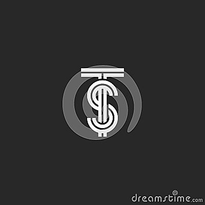 Overlapping TS or ST initials logo monogram black and white parallel lines intersection shapes, combination two letters T and S Vector Illustration