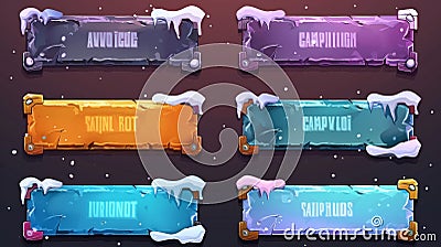 Overlay panels and buttons for game streaming with ice texture and snow. Modern cartoon set of live stream frames in Stock Photo