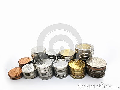 Overlay and stack many coins like graph on white background Stock Photo