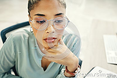 Overlay, stock market and face of business woman reading company metrics, banking numbers or accounting info. Investment Stock Photo