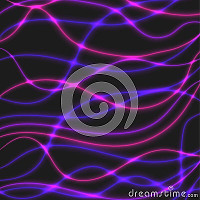 Overlaying semitransparent curved lines forming an abstract wavy pattern with light effects. Purple and pink neon on a Vector Illustration