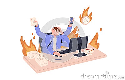 Overloaded busy multitasking person in fire missing business deadlines, hurrying with burning tasks. Work stress and bad Vector Illustration