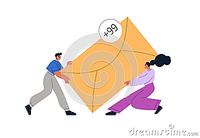 Overloaded email. Many new letters in inbox. Tiny people loaded with envelope, lot of electronic junk mail, e-mail spam Vector Illustration