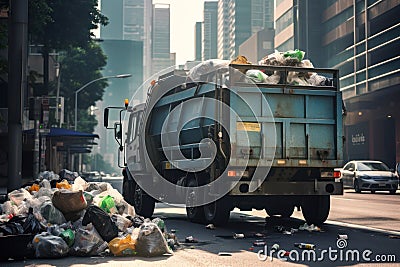 overloaded full garbage containers on the street and waste truck parked near a busy city street Stock Photo