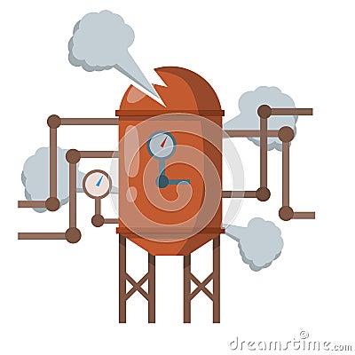 Overloaded steam boiler. Accident, explosion and smoke Vector Illustration