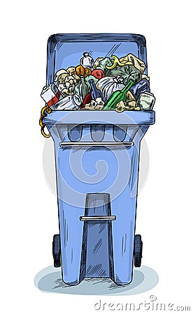 Overloaded trash bin, full color sketch hand drawn Vector Illustration