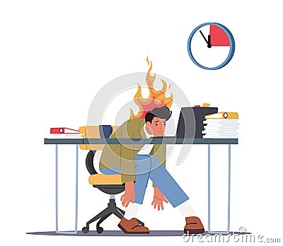 Overloaded Worker Deadline Stress Concept. Burned Down Businessman in Depression Sitting at Office Desk with Papers Heap Vector Illustration