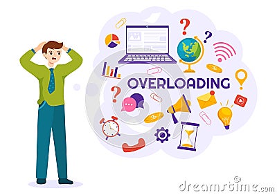 Overloading Vector Illustration with Busy work and Multitasking Employee to Finish Many Documents or Digital Information Vector Illustration
