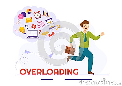 Overloading Vector Illustration with Busy work and Multitasking Employee to Finish Many Documents or Digital Information Vector Illustration