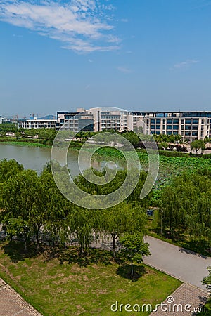 Overlook of campus lake Stock Photo