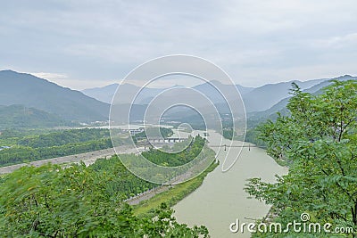 Overlooking water conservancy of dujiangyan in wind Stock Photo