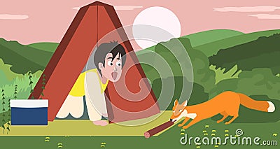 Overnight camping, fox stealing food Vector Illustration