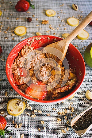 Overnight oat flakes with chia seeds and fruits Stock Photo