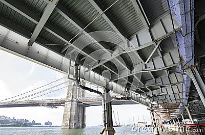 Overpass by Hudson River from below, transport infrastructure. Stock Photo