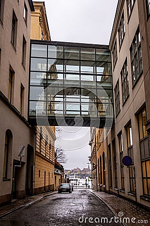 Overpass-skywalk-overhead passageway, GrevgrÃ¤nd street, Blasieholmen, Stockholm,Sweden Editorial Stock Photo