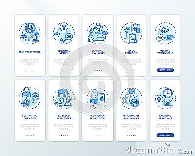 Overpassing delaying tasks habit onboarding mobile app page screen with concepts set Vector Illustration