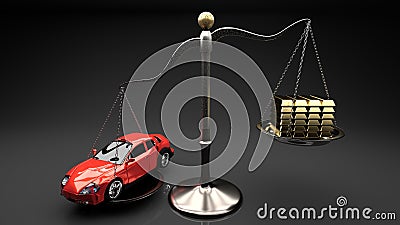 Red shiny small cars on a small scale against stack of gold bards. Stock Photo