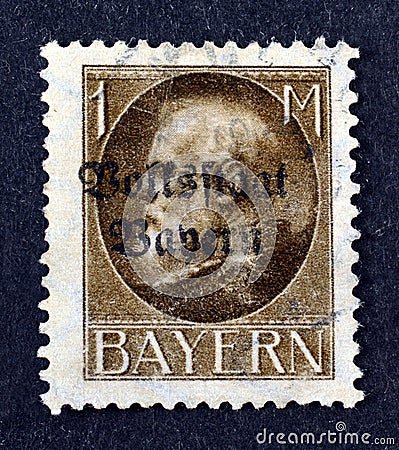 Overprinted Cancelled postage stamp printed by Germany, that shows portrait of Prince Regent Luitpold Editorial Stock Photo