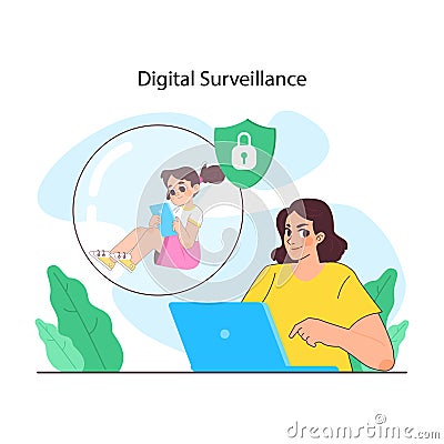 Overprotective parenting concept. Mother keeping a girl locked in a bubble Vector Illustration