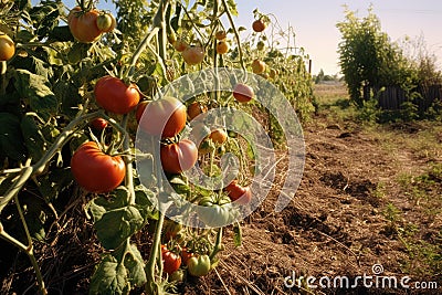 overripe tomatoes bursting on vine in field Stock Photo
