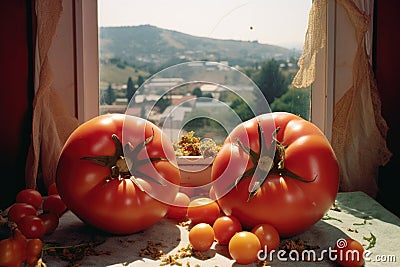 overripe tomatoes split open under the sun Stock Photo