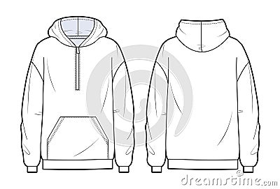 Oversize Hoodie fashion flat technical sketch template. Sweatshirt Hoodie fashion cad mockup Vector Illustration