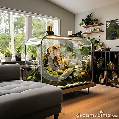 Oversize Mossy Rocky Terrarium Curved Rectangle Display in Living Room, Generative AI Stock Photo