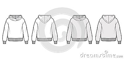 Oversized cotton-fleece hoodie technical fashion illustration with relaxed fit, long sleeves. Flat outwear jumper Vector Illustration