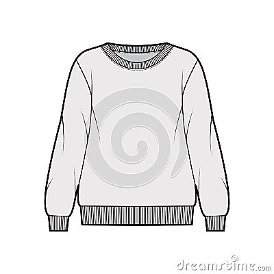 Oversized cotton-terry sweatshirt technical fashion illustration with crew neckline, long sleeves, ribbed trims Vector Illustration