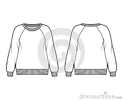 Oversized cotton-terry sweatshirt technical fashion illustration with scoop neckline, long raglan sleeves, ribbed trims Vector Illustration