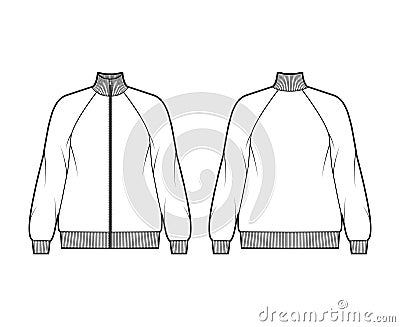 Oversized long-sleeved zip-up sweatshirt technical fashion illustration with cotton-jersey, raglan, ribbed trims. Flat Vector Illustration