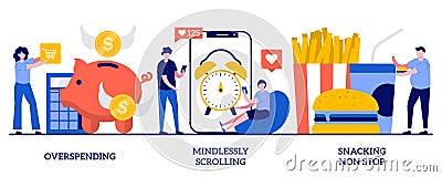 Overspending, mindlessly scrolling, snacking non-stop concept with tiny people. Addictive habits abstract vector illustration set Vector Illustration