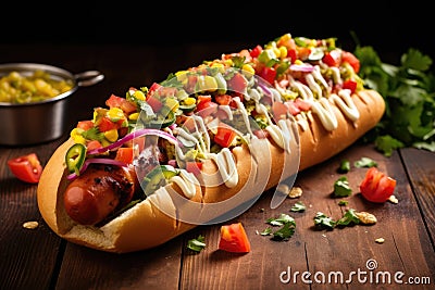 an overstuffed hot dog with lots of toppings Stock Photo