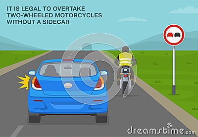 It is legal to overtake two-wheeled motorcycles without a sidecar. Back view of car driver aims to pass the biker. Vector Illustration
