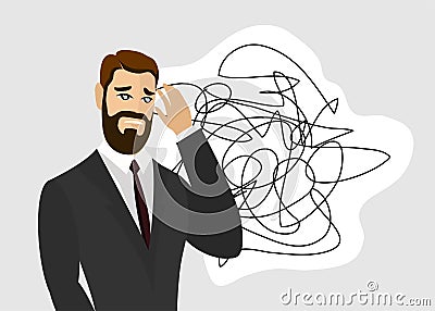 Overthinking bearded businessman with tangled line negative chaotic thought process concept. Tired man with emotional Vector Illustration