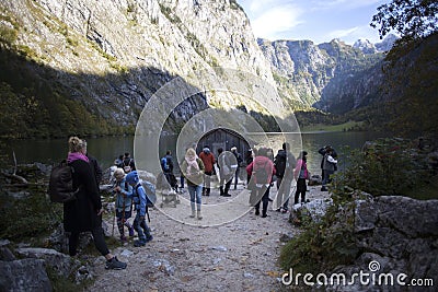 Overtourism at Boathouse at lake Obersee in Bavaria, Germany Editorial Stock Photo