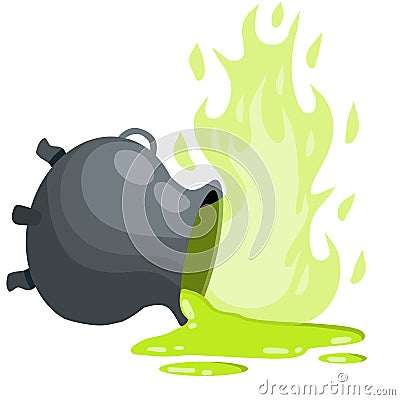 Overturned cauldron of magic potion and fire. Smoke and steam. Vector Illustration