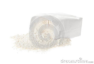 Overturned paper bag with flour on white Stock Photo