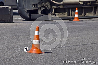 Overturned transport on accident site with traffic cones Stock Photo