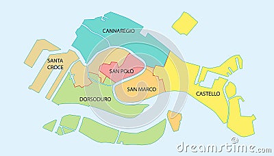 Overview map of the six historical districts of Venice, Italy Vector Illustration