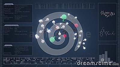 Overview of the molecule of amiodarone on the computer screen. 3d rendering Stock Photo