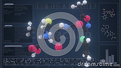 Overview of the molecule of cloxacillin on the computer screen. 3d rendering Stock Photo