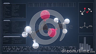 Overview of the molecule of methyl acetate on the computer screen. 3d rendering Stock Photo