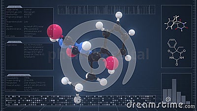 Phenobarbital molecule with description on the computer screen, 3d rendering Stock Photo