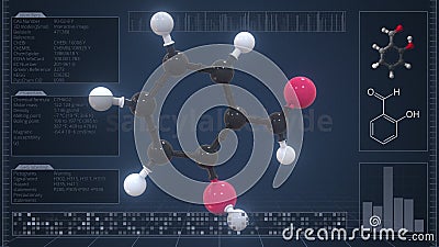 Overview of the molecule of salicylaldehyde on the computer screen. 3d rendering Stock Photo