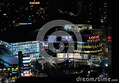 Overview at night of Seoul Station and Lotte Mart Editorial Stock Photo