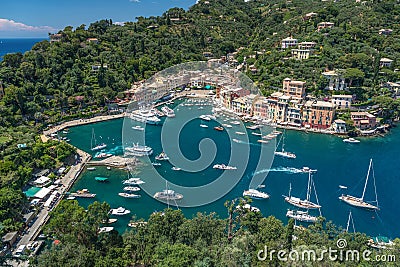 Overview of Portofino seaside area with landscaping view of harbour Stock Photo
