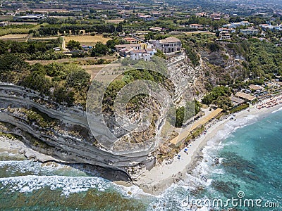 Overview of Ricadi Beach, Tower Marino, Vatican City, promontory aerial view, cliffs and sand Stock Photo