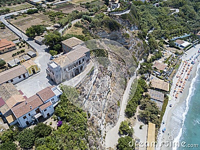 Overview of Ricadi Beach, Tower Marino, Vatican City, promontory aerial view, cliffs and sand Stock Photo