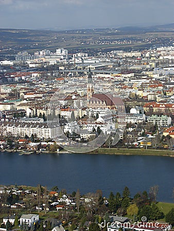 Overview of Vienna with the Donau River in foregro Stock Photo